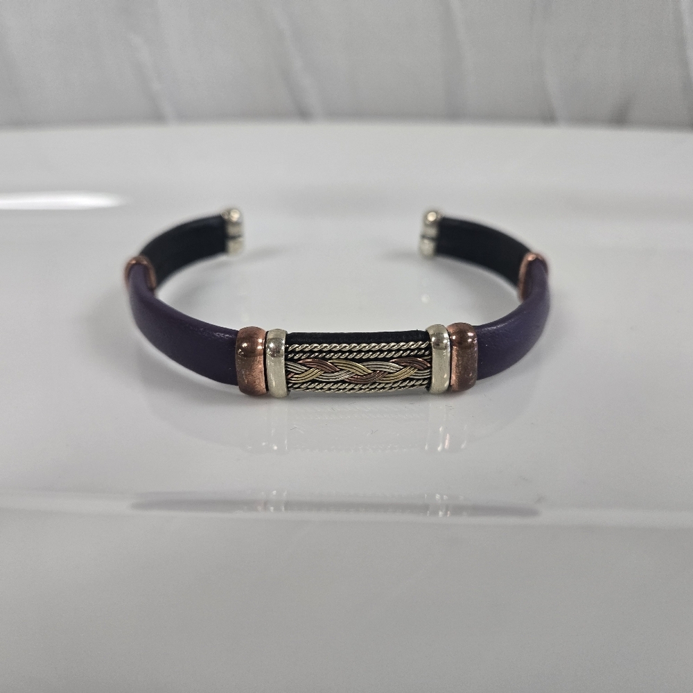 Purple Leather & Braided Wire Adjustable Cuff Bracelet By HPSilver